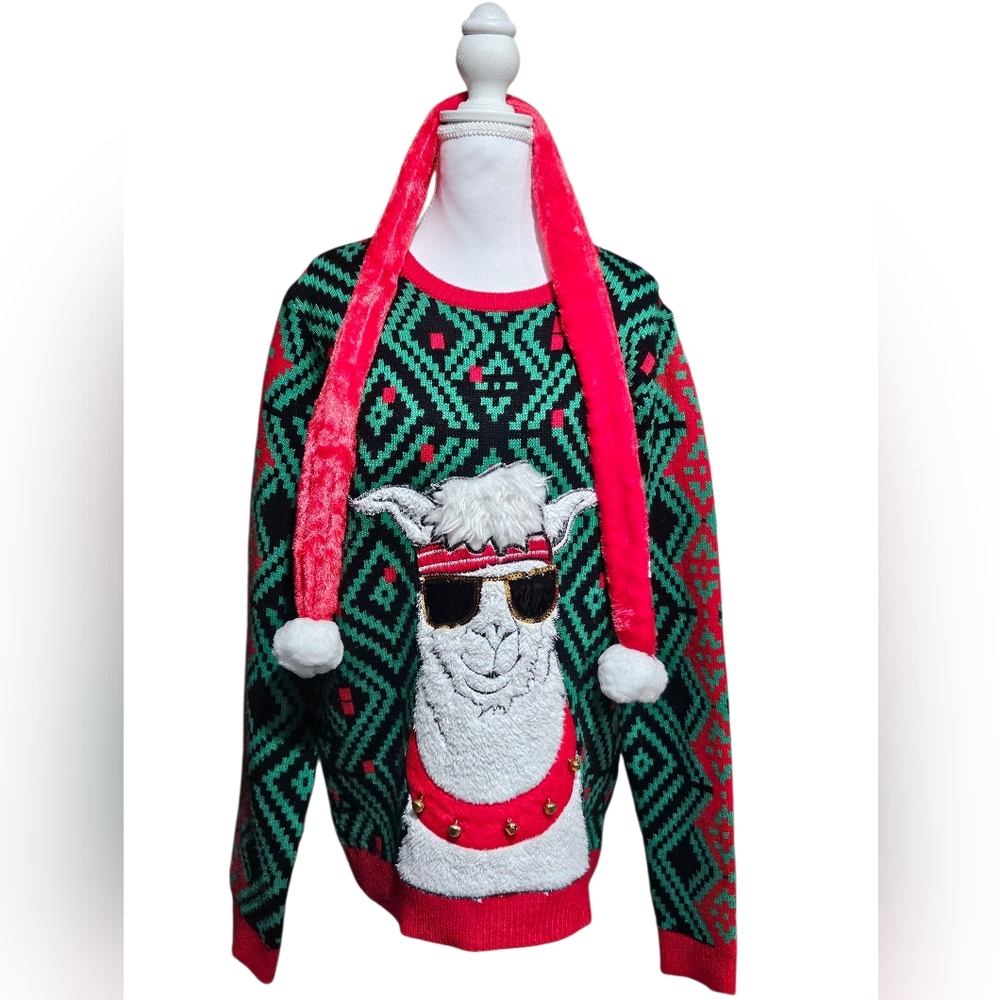 Festive Llama Jingle Bell Sweater And Bell Scarf Size Medium EUC